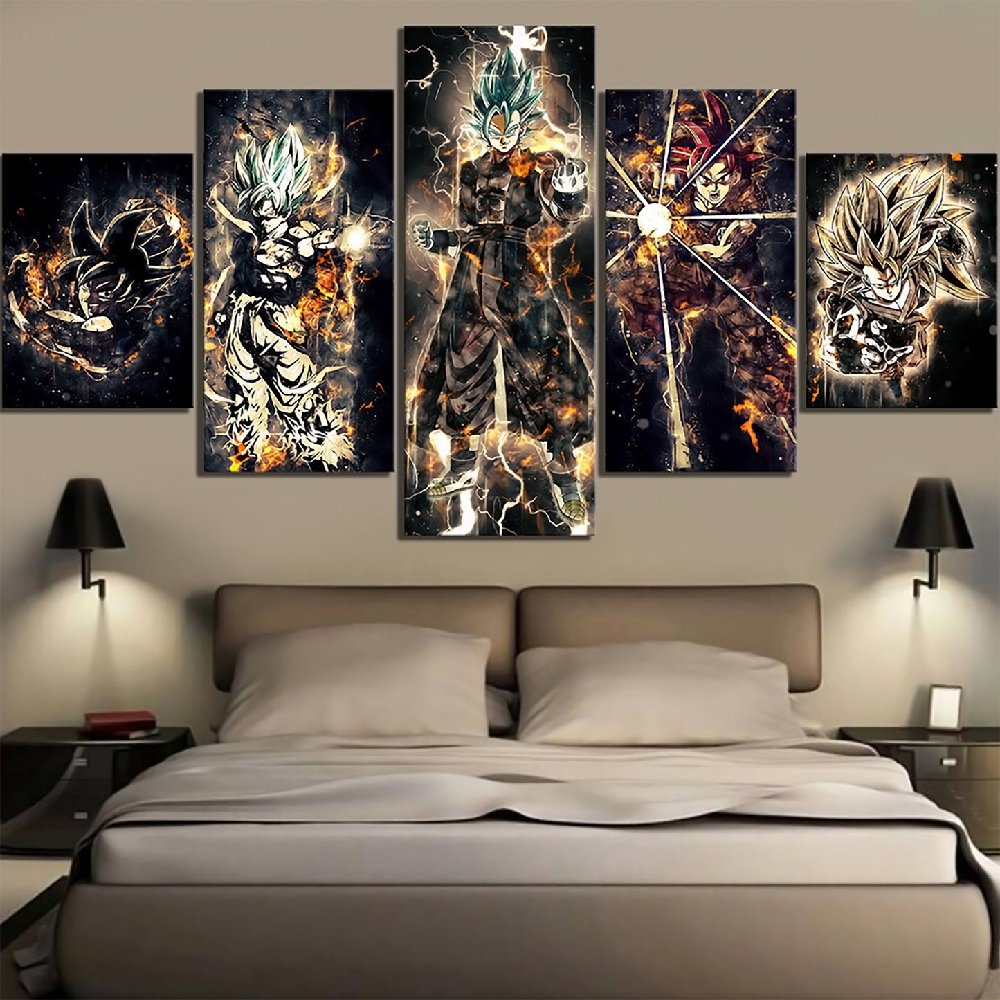 dragon ball - 5 pieces wall art - goku - vegeto - super saiyan 3 - super saiyan god - printed wall pictures home decor - dragon ball poster - dragon ball canvas
