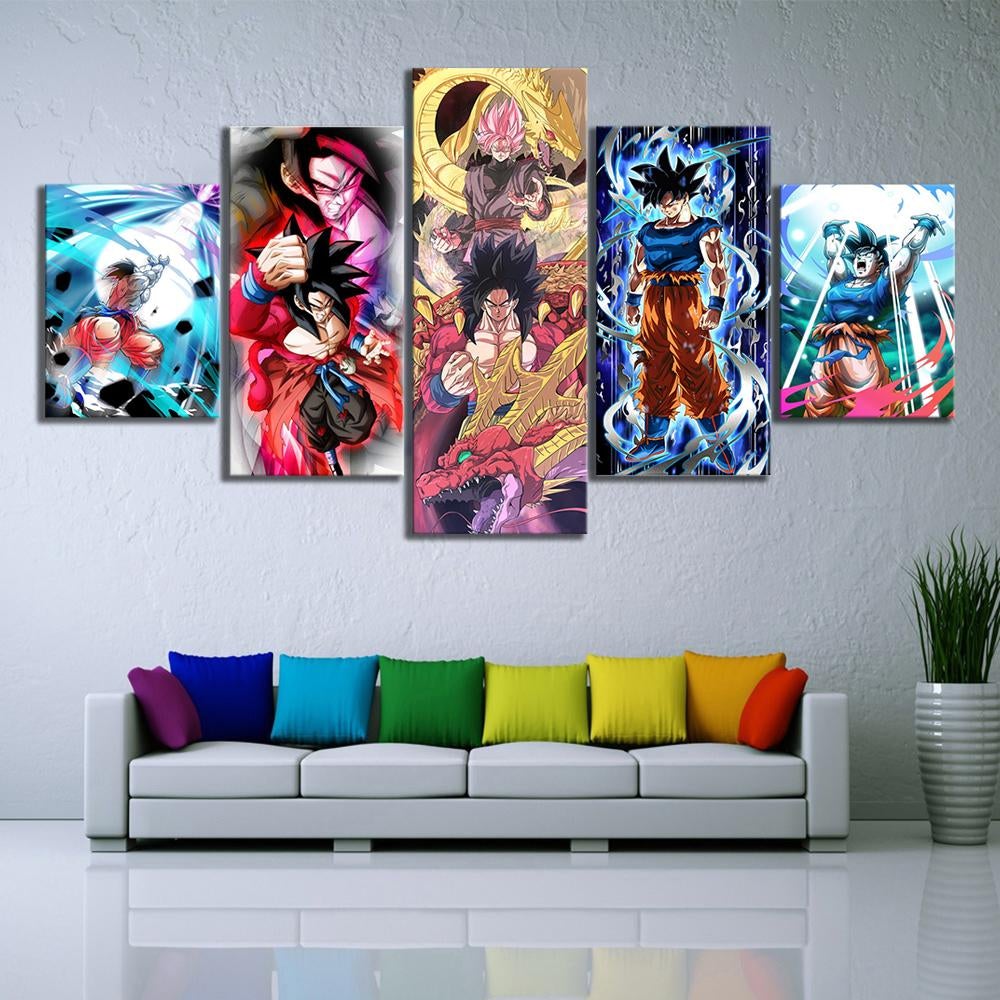 dragon ball - 5 pieces wall art - goku - super saiyan 4 - mastered ultra instinct - genki - printed wall pictures home decor - dragon ball poster - dragon ball canvas