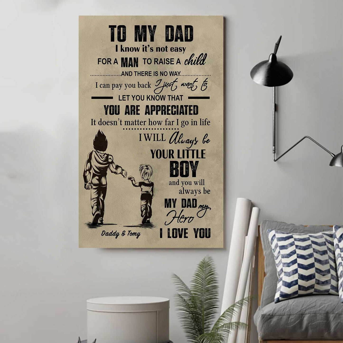 (cv29d) to my dad- son - dragon ball- soldier-family -dad son- goku - viking - vertical- canvas poster