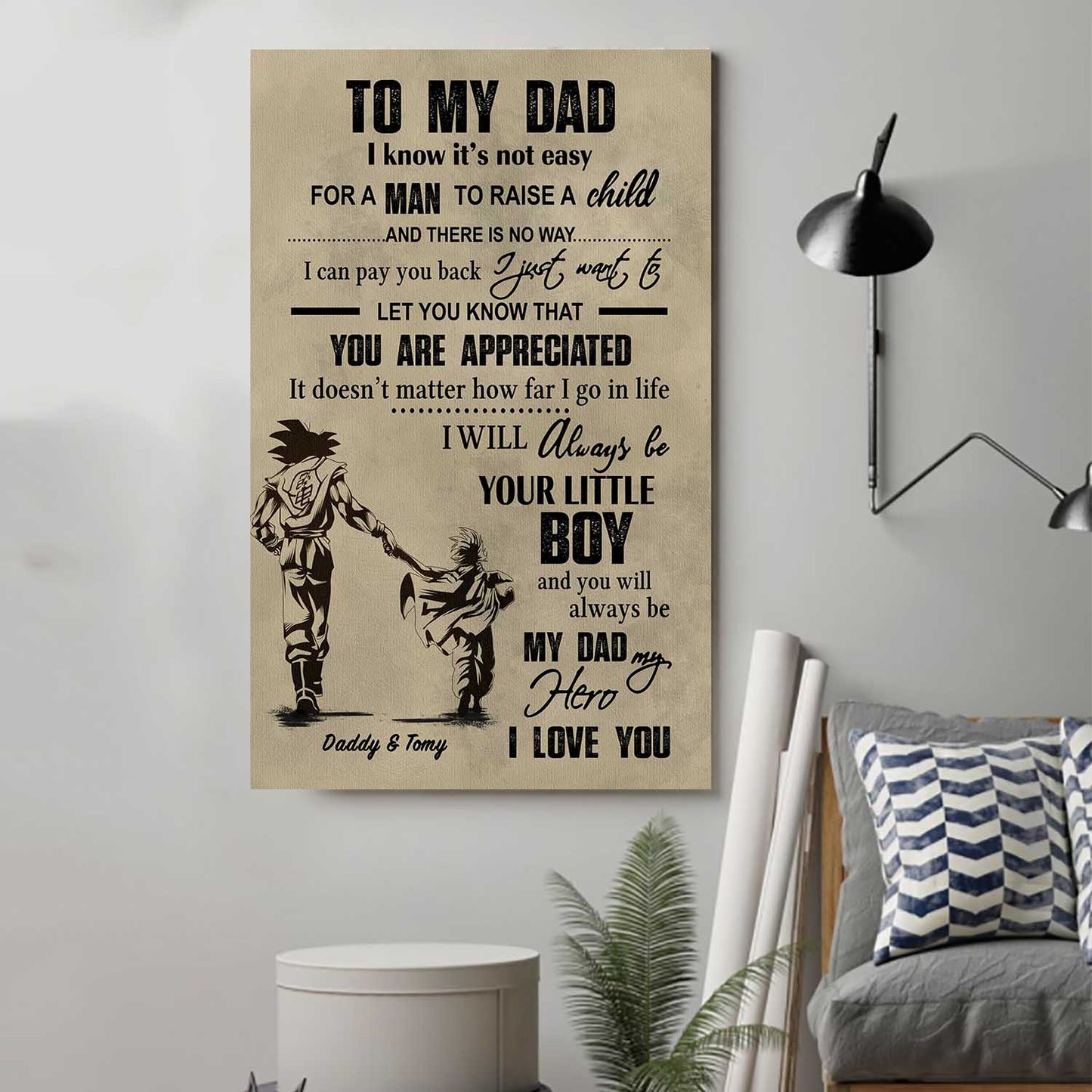 (cv29d) to my dad- son - dragon ball- soldier-family -dad son- goku - viking - vertical- canvas poster