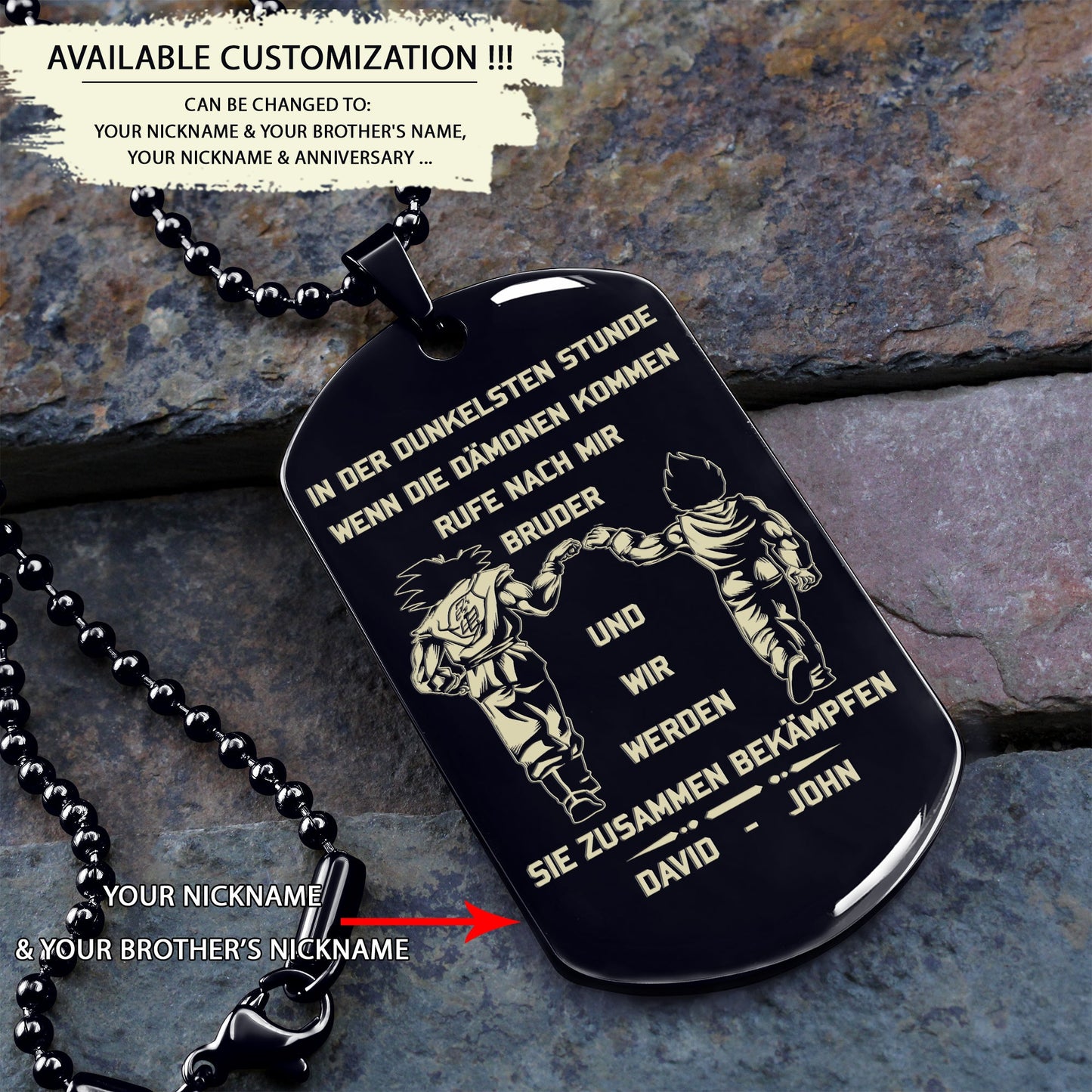 br16 german call on me brother- dragon ball - goku vegeta- soldier - naruto - engraved dog tag all style