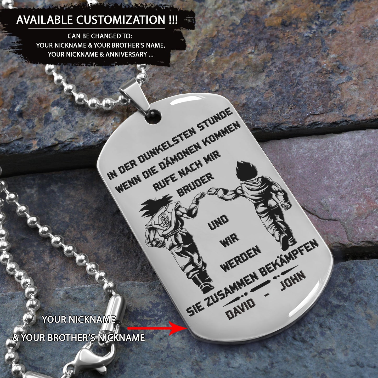br16 german call on me brother- dragon ball - goku vegeta- soldier - naruto - engraved dog tag all style