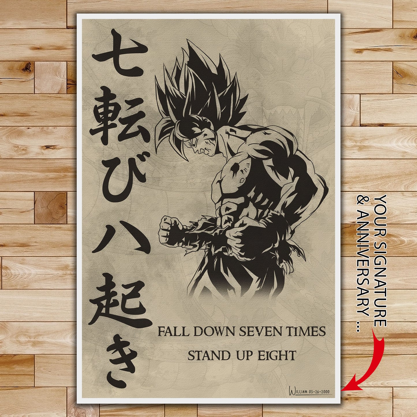 dr011 - fall down seven times stand up eight - goku - vertical poster - vertical canvas - dragon ball canvas