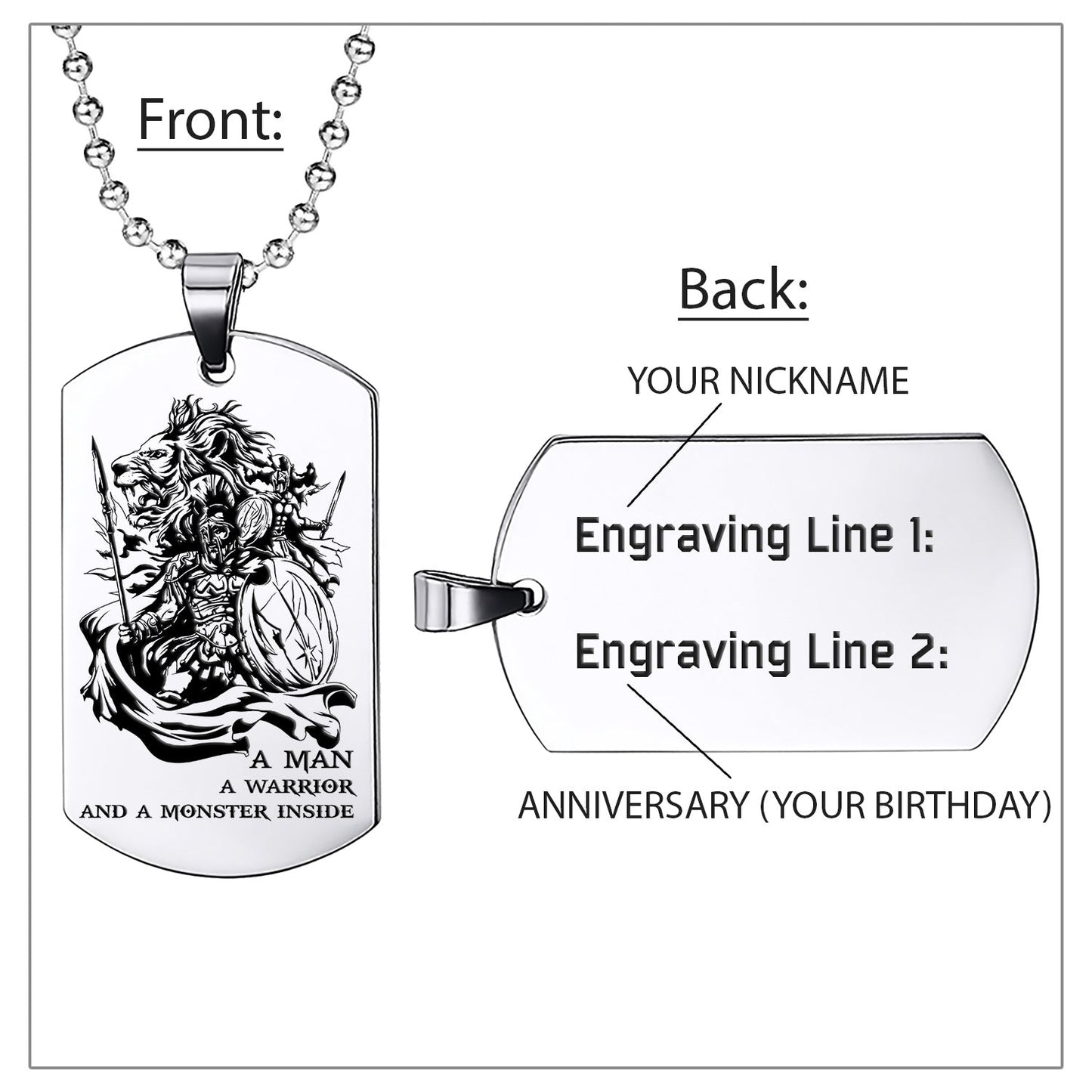 WAD013 - A Man - A Warrior - And A Monster Inside - Warrior Dog Tag - Engrave Sliver Dog Tag