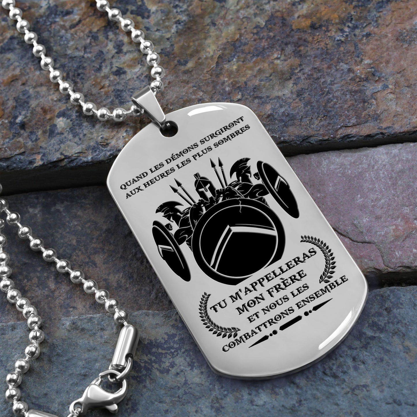 WAD028 - Call On Me Brother - French - Warrior Dog Tag - Engrave Sliver Dog Tag