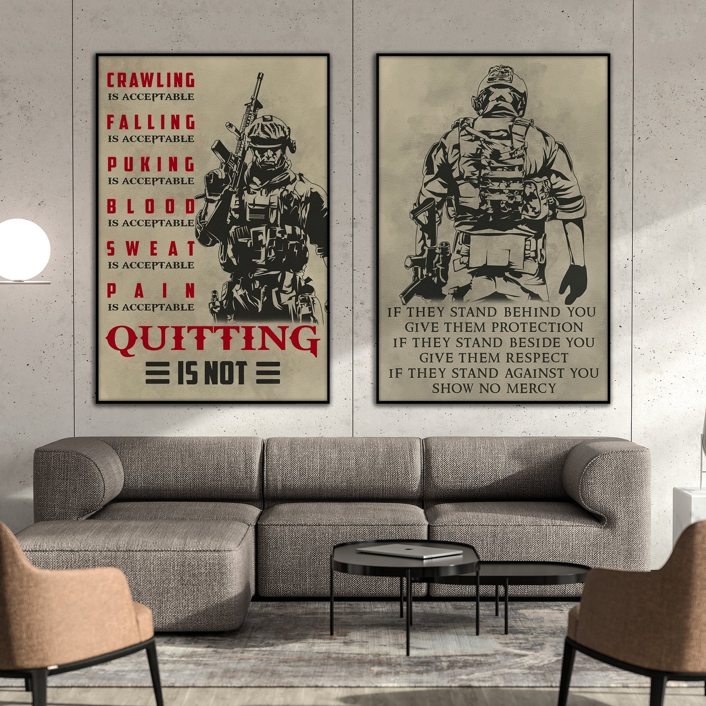 sd018 + sd032 - if - show no mercy - quitting is not - home decoration - vertical poster - vertical canvas - soldier poster