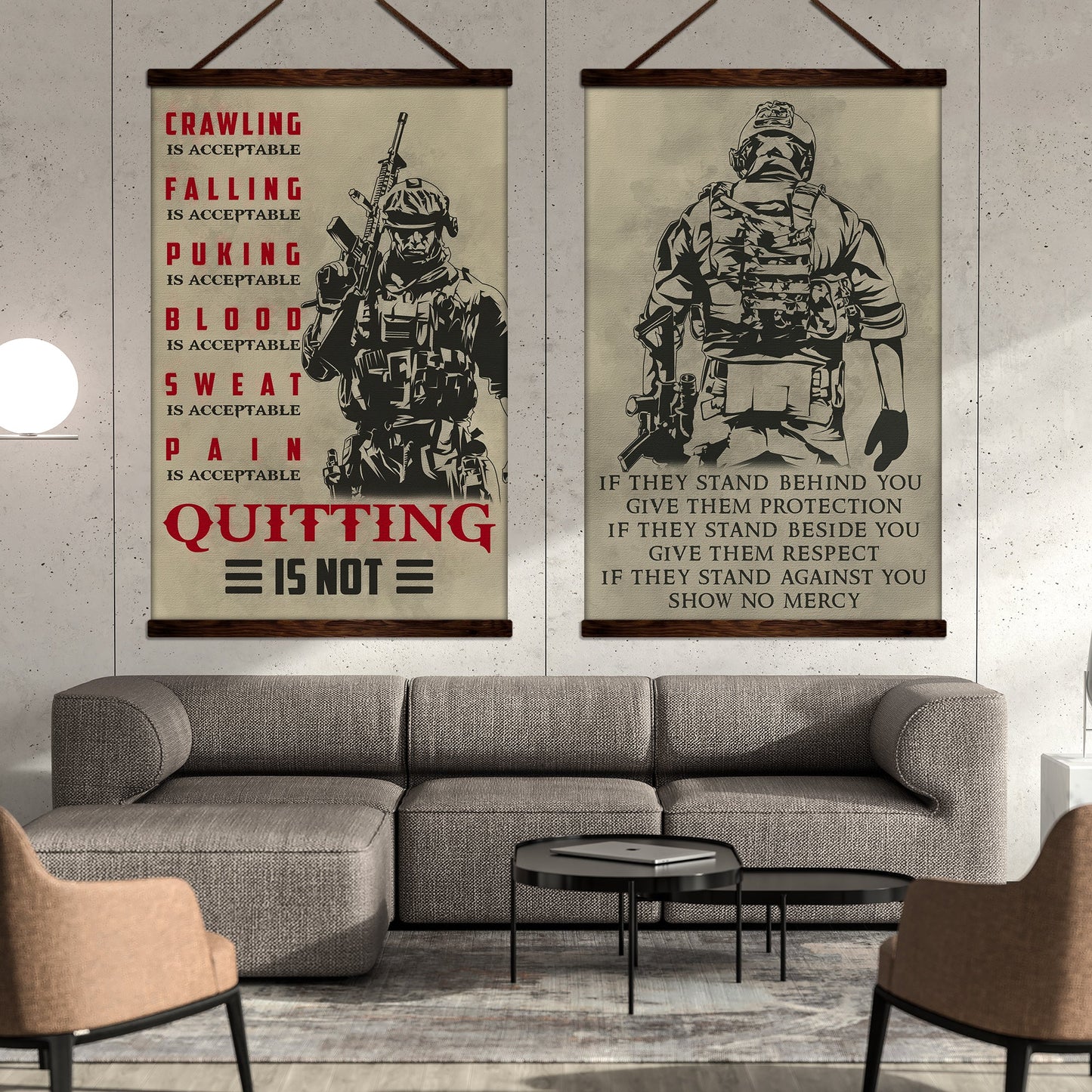 sd018 + sd032 - if - show no mercy - quitting is not - home decoration - vertical poster - vertical canvas - soldier poster