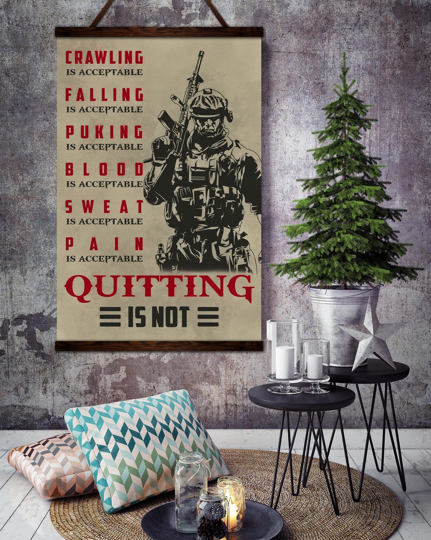 sd018 + sd032 - if - show no mercy - quitting is not - home decoration - vertical poster - vertical canvas - soldier poster