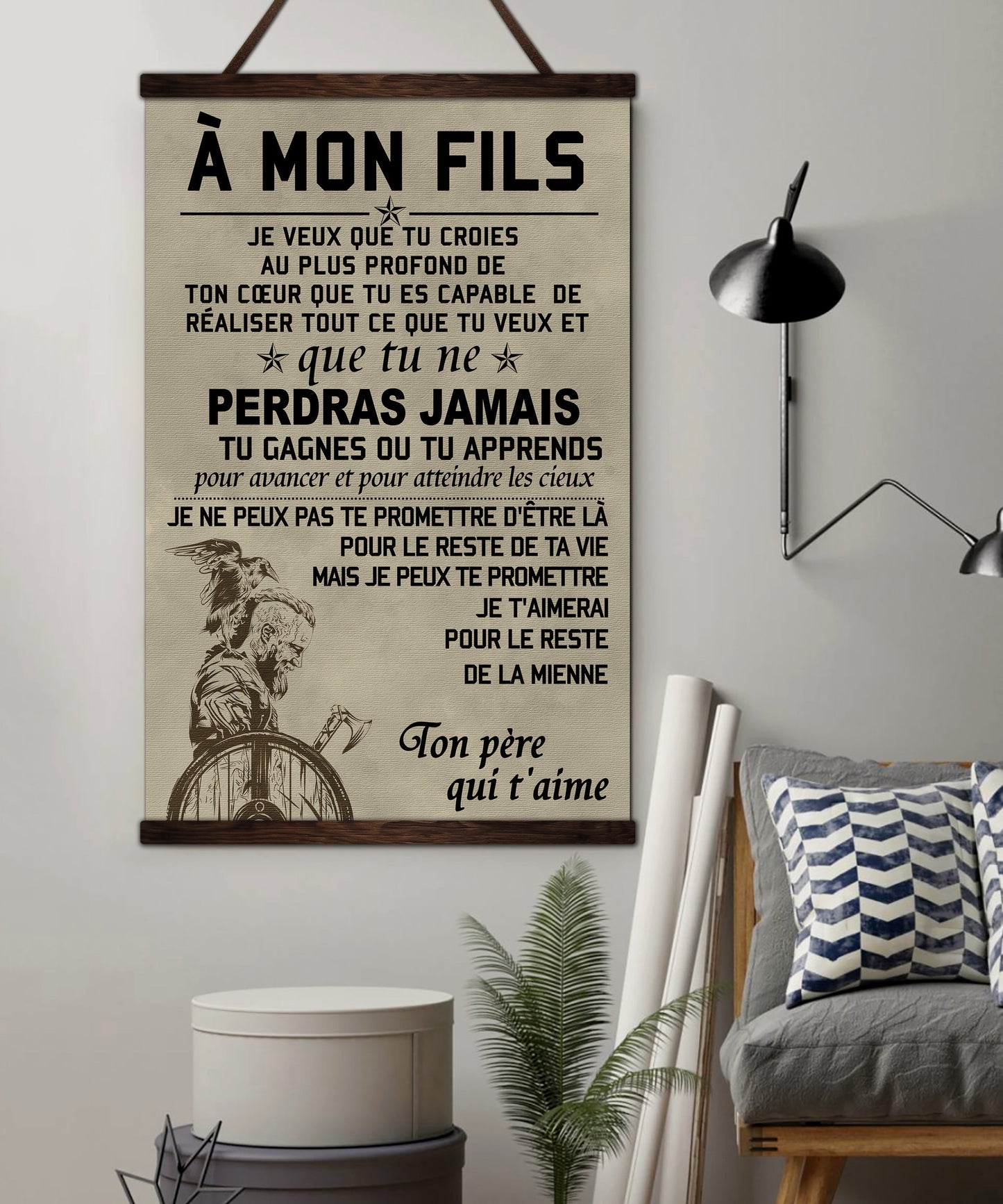 vk034 - to my son - french - ragnar - viking canvas with the wood frame