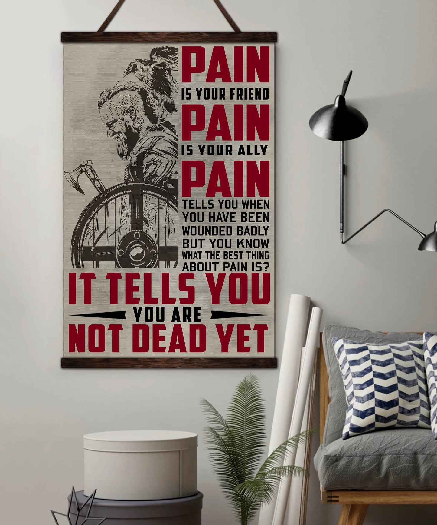vk046 - pain - you are not dead yet - viking canvas with the wood frame