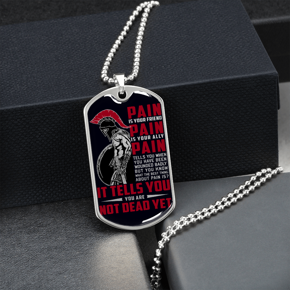 Warrior - Spartan - PAIN - You Are Not Dead Yet - Black - Luxury Dog Tag - Military Ball Chain