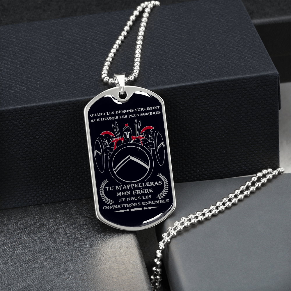 Warrior - Spartan - Call On Me Brother - French - Black - Luxury Dog Tag - Military Ball Chain
