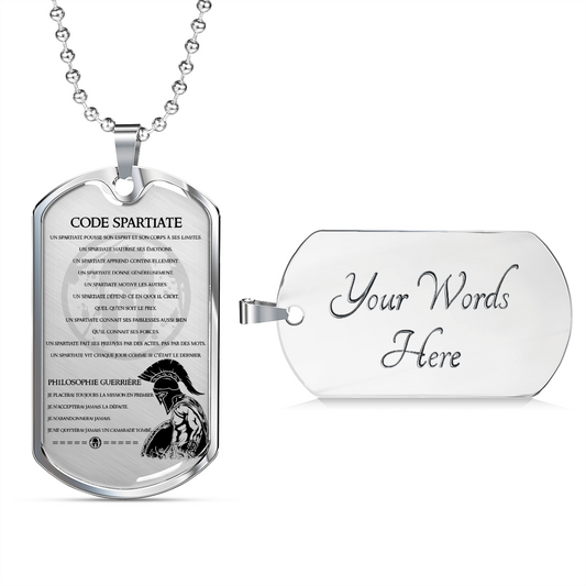 Warrior - Spartan - Spartan Code - Warrior Ethos - French - Luxury Dog Tag - Military Ball Chain