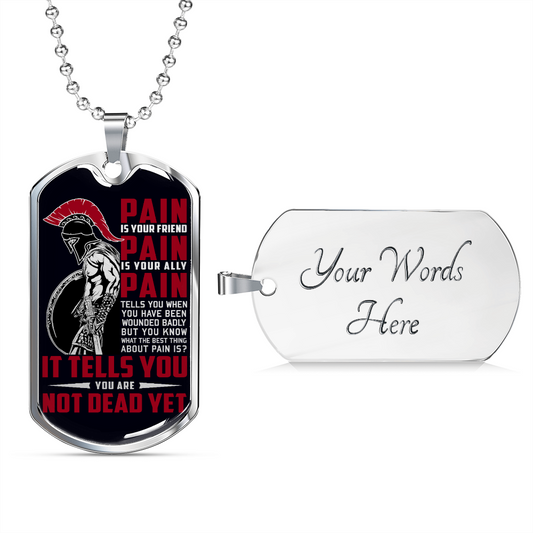 Warrior - Spartan - PAIN - You Are Not Dead Yet - Black - Luxury Dog Tag - Military Ball Chain