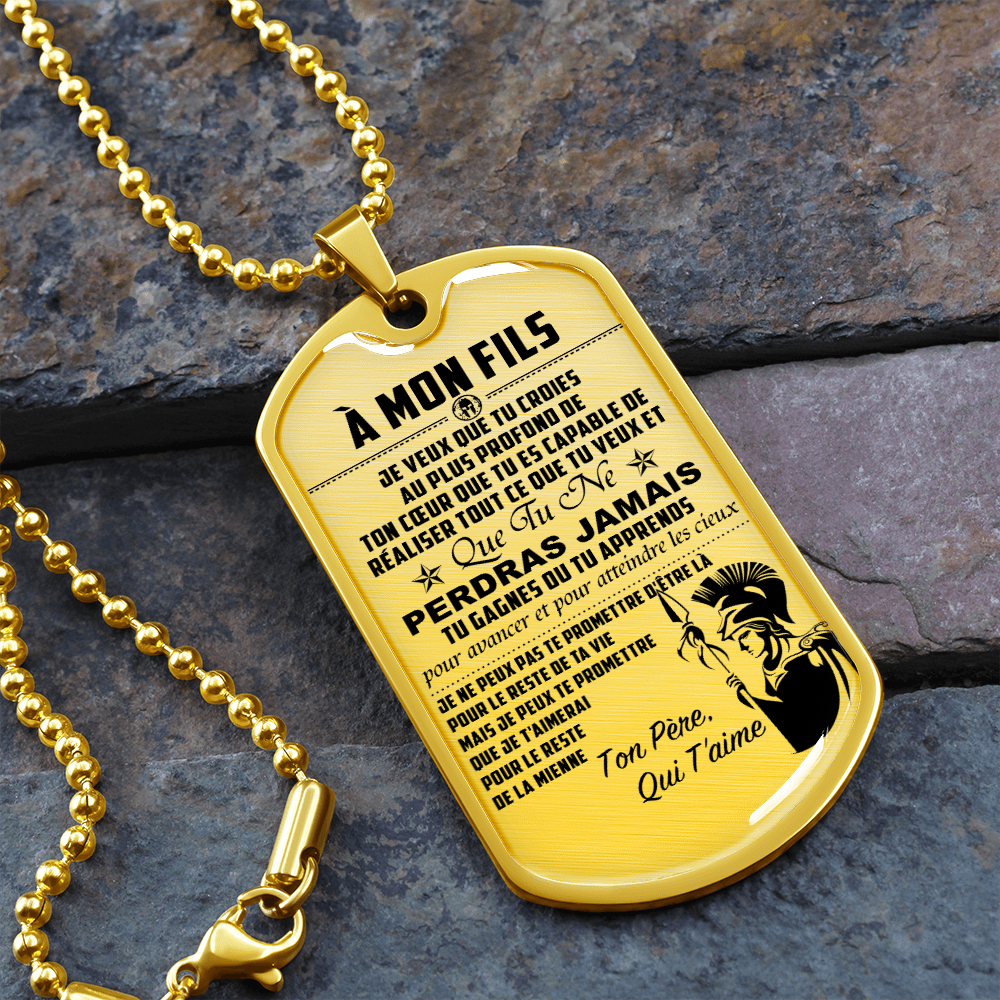Warrior - Spartan - Mom To Son - Never Lose - French - Luxury Dog Tag - Military Ball Chain