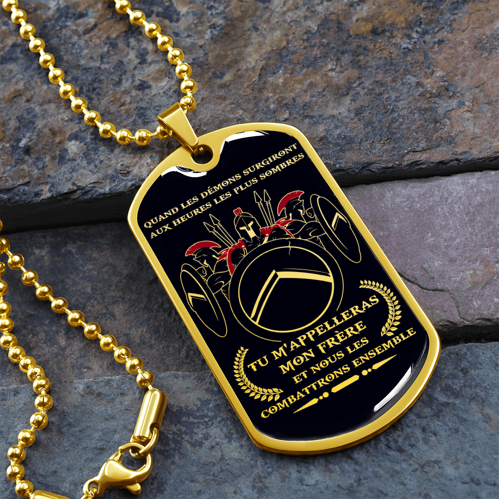 Warrior - Spartan - Call On Me Brother - French - Black - Luxury Dog Tag - Military Ball Chain
