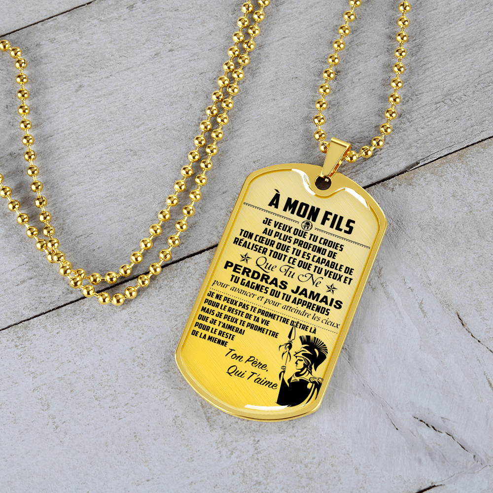 Warrior - Spartan - Mom To Son - Never Lose - French - Luxury Dog Tag - Military Ball Chain