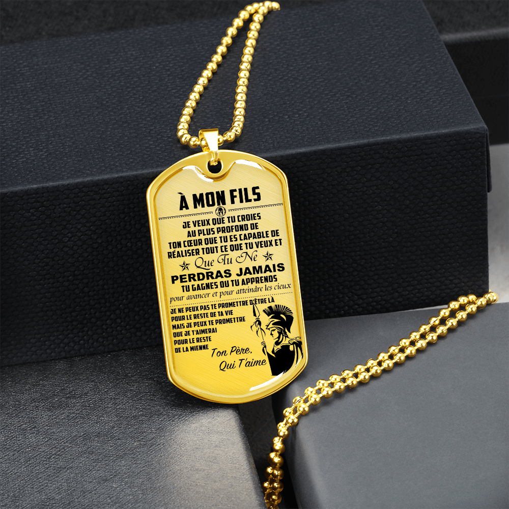 Warrior - Spartan - Mom To Son - Never Lose - French - Luxury Dog Tag - Military Ball Chain