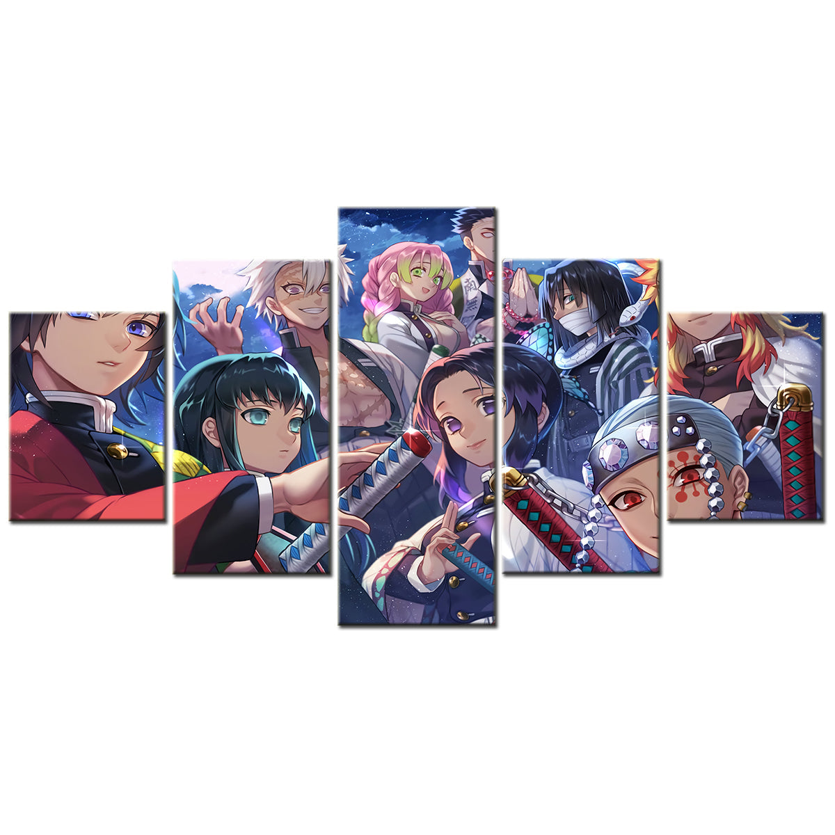 demon slayer - kimetsu no yaiba - 5 pieces wall art - giyu tomioka - muichirou tokitou - sanemi shinazugawa - mitsuri kanroji - kochou shinobu - obanai iguro - tengen uzui - kyojuro rengoku - demon slayer poster - demon slayer wall art