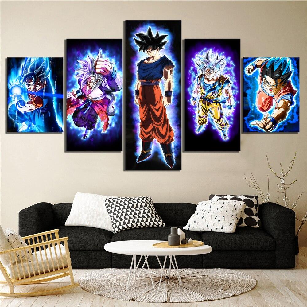 dragon ball - 5 pieces wall art - super saiyan goku - mastered ultra instinct goku - printed wall pictures home decor - dragon ball poster - dragon ball canvas