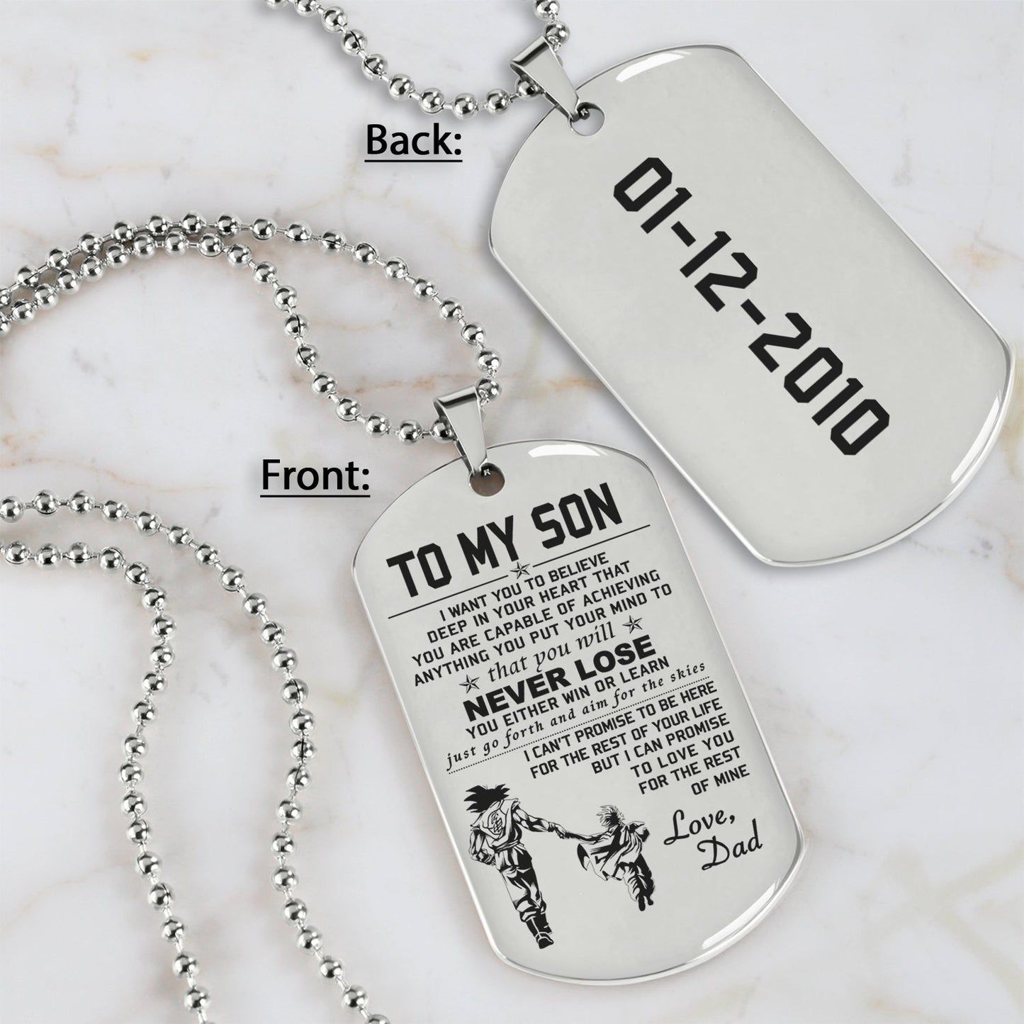 tm2 to my son- dog tag - never lose 2 - dragon ball - goku vegeta- soldier - engraved dog tag all style