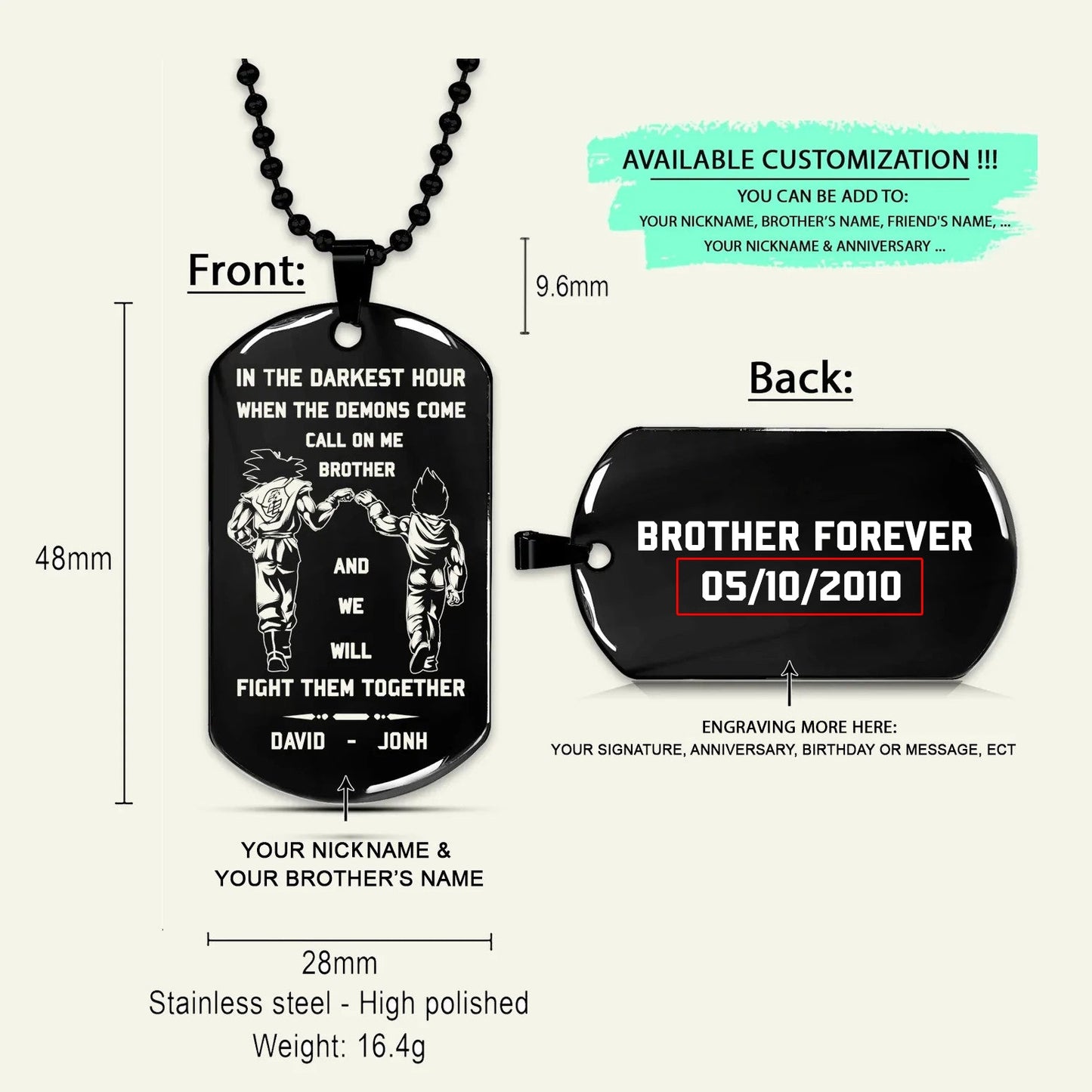 call on me brother - brother forever  - soldier -spartan - biker - viking -engraved dog tag two side all style