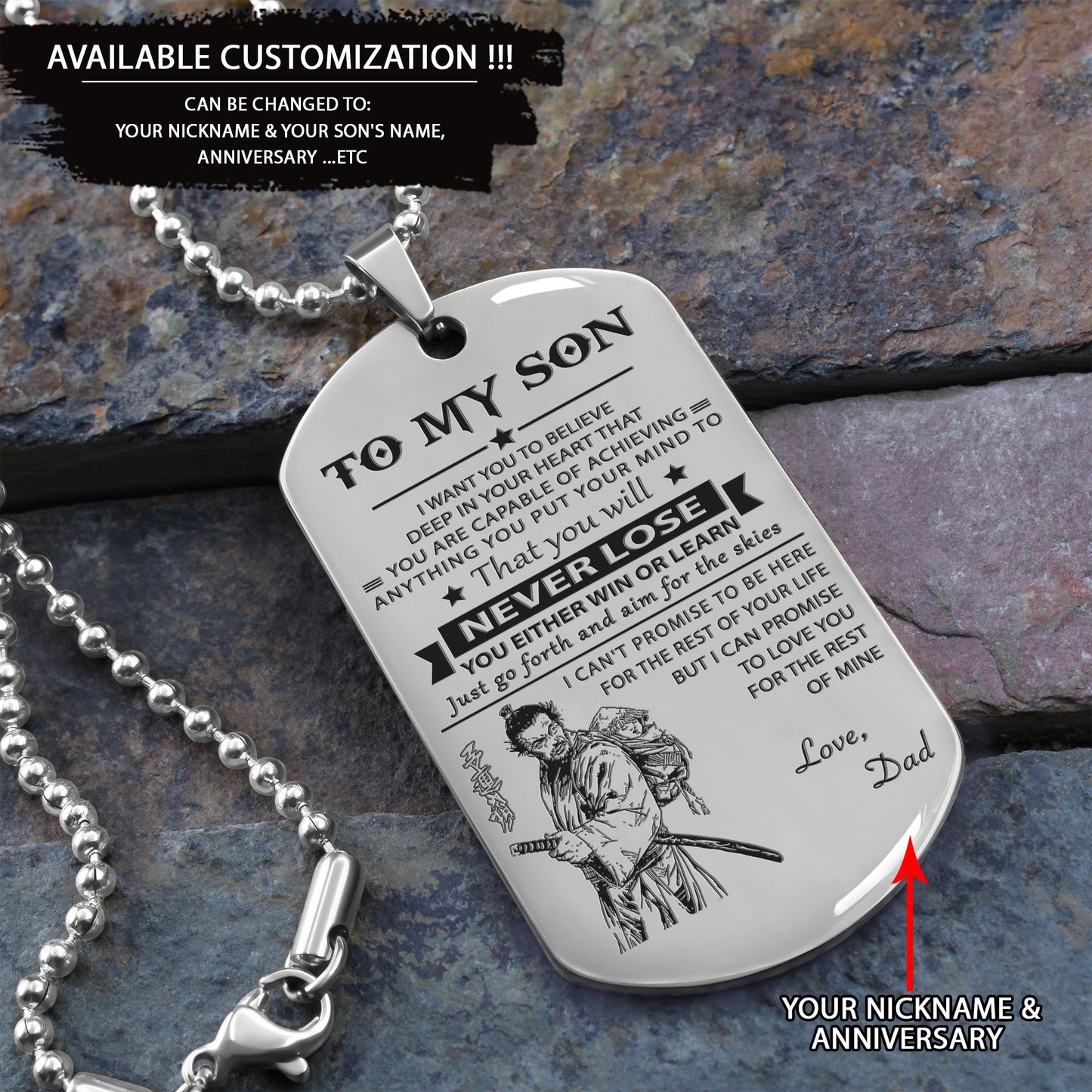 to my son-never lose - dragon ball - goku vegeta- soldier - engraved dog tag all style
