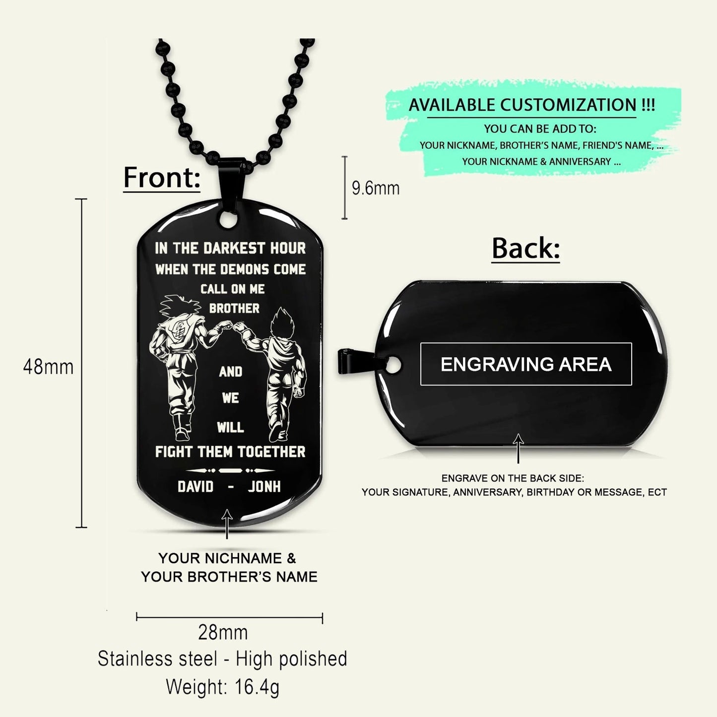 call on me brother- navy - dragon ball - goku vegeta- soldier - engraved dog tag all style