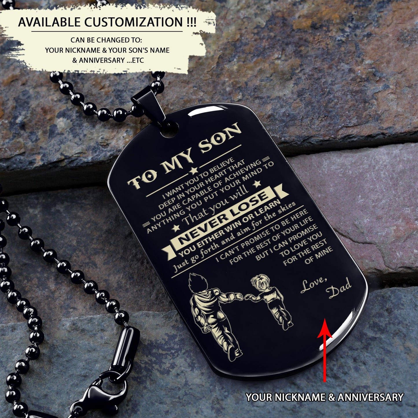 to my son-never lose - dragon ball - goku vegeta- soldier - engraved dog tag all style