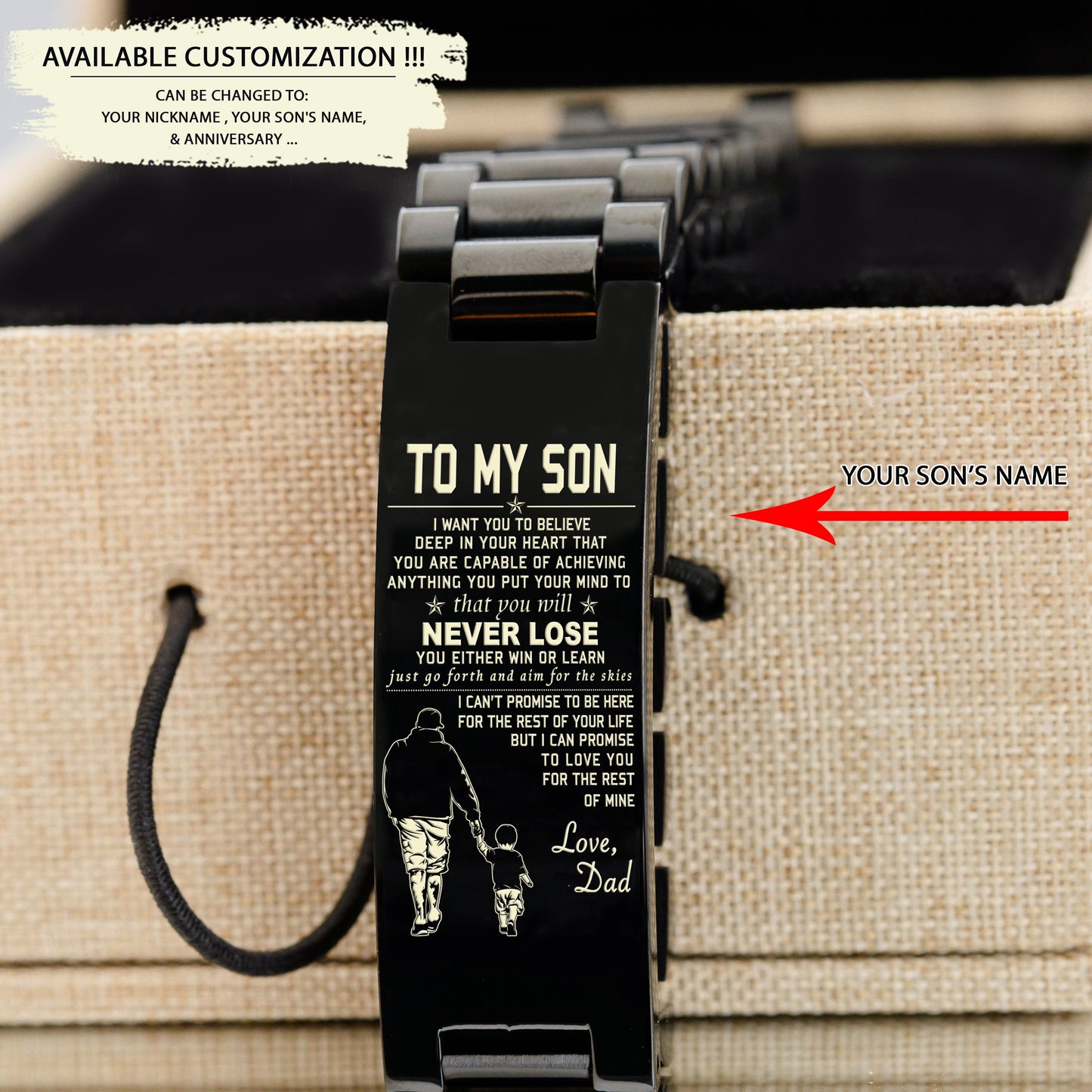 tm3 - to my son- never lose- goku- spartan- soldier -engraved bracelet all style