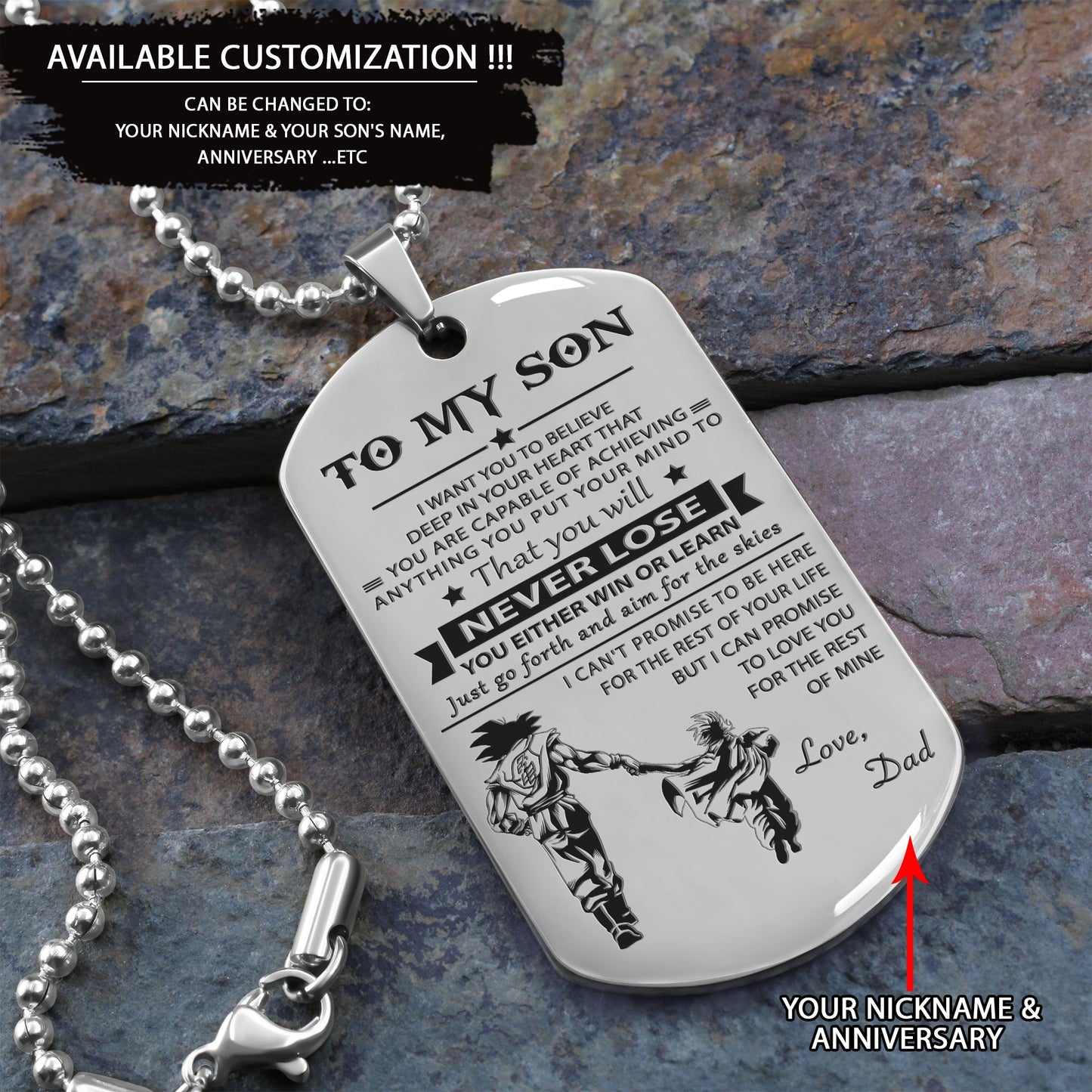 to my son-never lose - dragon ball - goku vegeta- soldier - engraved dog tag all style