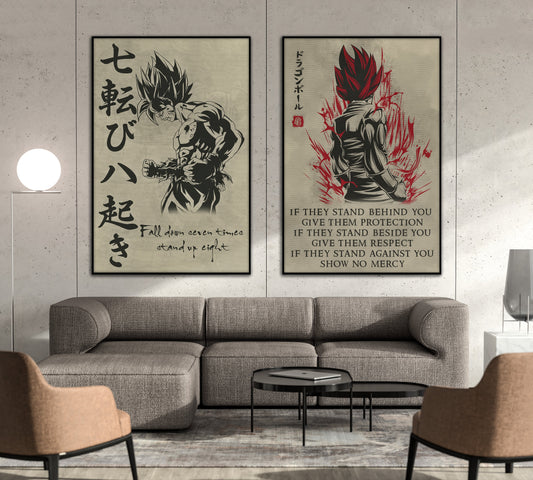 DR013 + DR029 - Fall Down Seven Times Stand Up Eight - Show No Mercy - Home Decoration - Vertical Poster - Vertical Canvas - Dragon Ball Poster