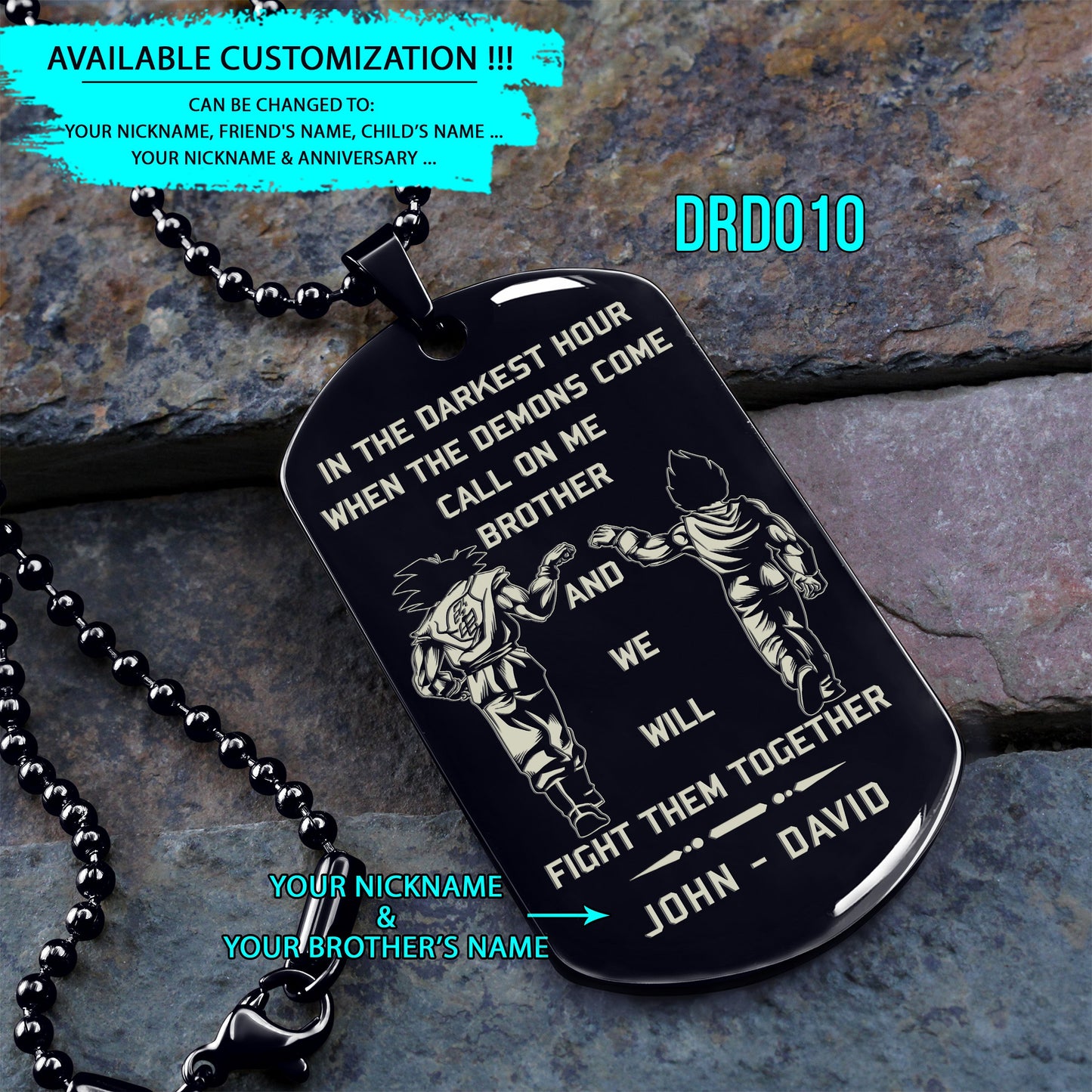 engrave - call on me brother - dragon ball dog tag - soldier dog tag - samurai dog tag - warrior dog tag