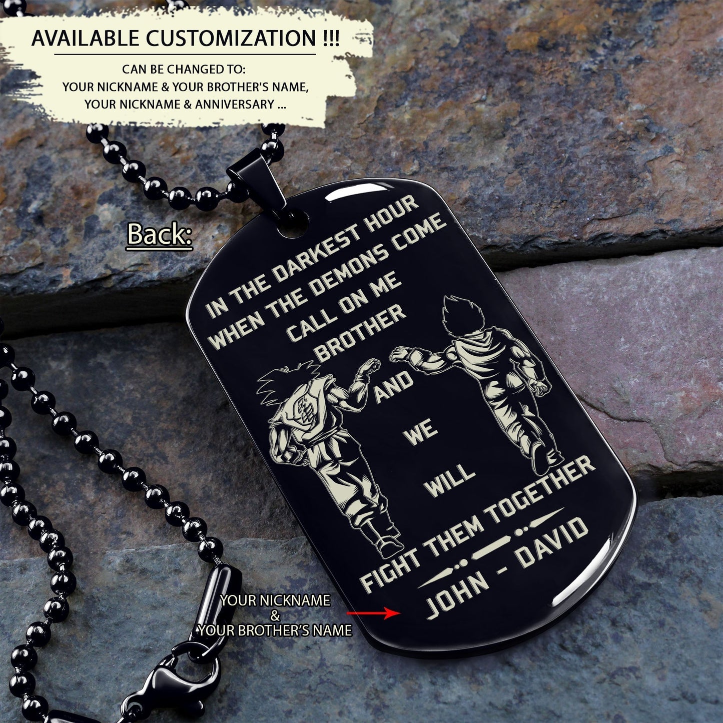 drd026 - call on me brother - it's not over when you lose - it's over when you quit - vegeta - super saiyan blue - dragon ball dog tag - engrave double black dog tag