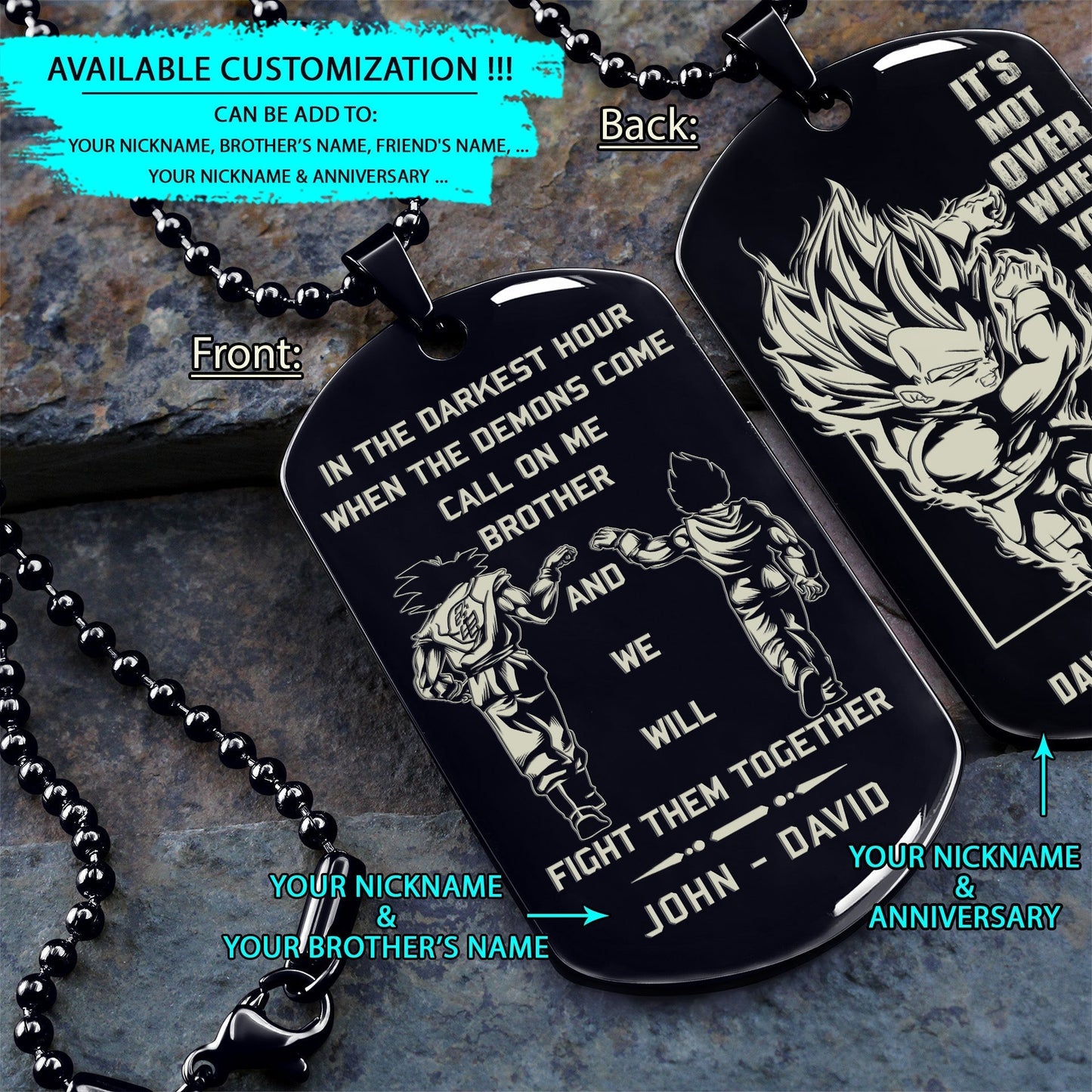 drd026 - call on me brother - it's not over when you lose - it's over when you quit - vegeta - super saiyan blue - dragon ball dog tag - engrave double black dog tag