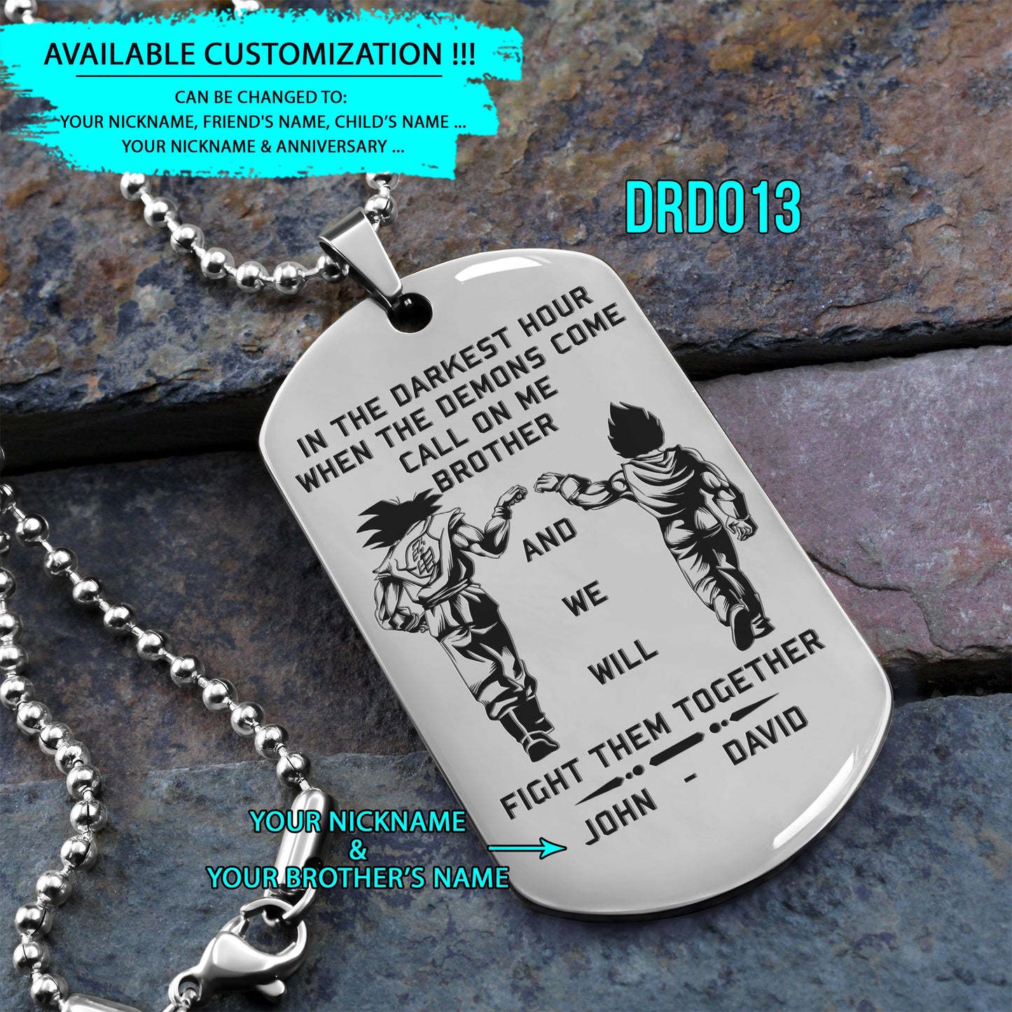 engrave - call on me brother - dragon ball dog tag - soldier dog tag - samurai dog tag - warrior dog tag