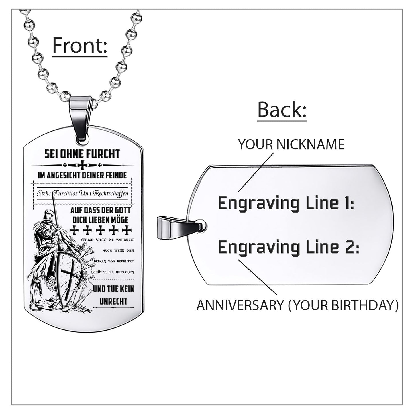 Engrave KTD005 - Be Without Fear - German - Knight Templar Dogtag