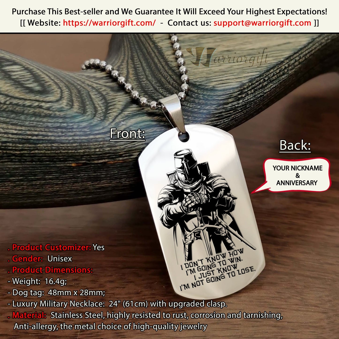 engrave ktd007 - i'm not going to lose - knight templar dogtag