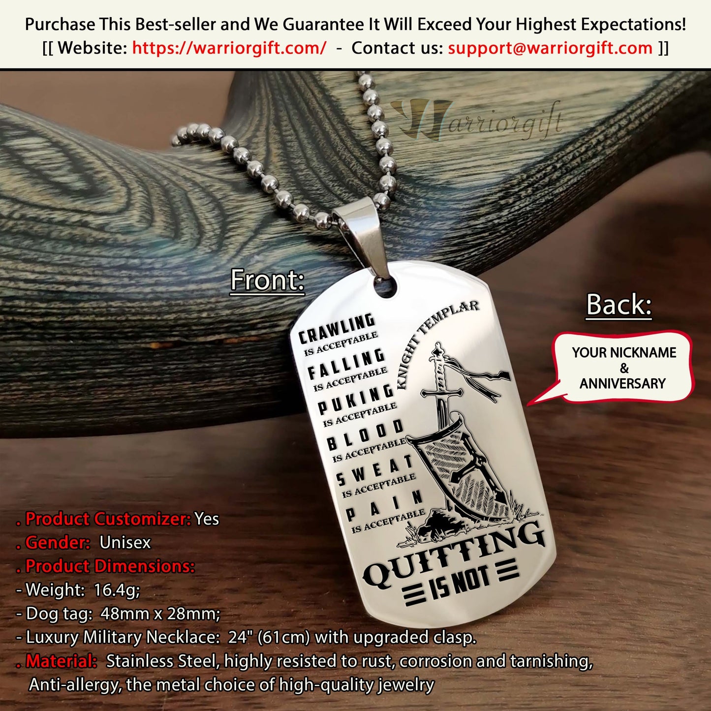 engrave ktd012 - quitting is not - knight templar dogtag