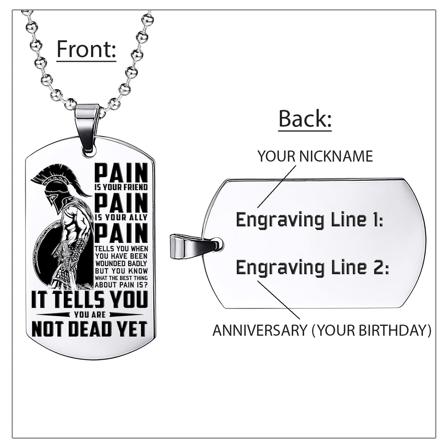 WAD010 - PAIN - You Are Not Dead Yet - Warrior Dog Tag - Engrave Sliver Dog Tag