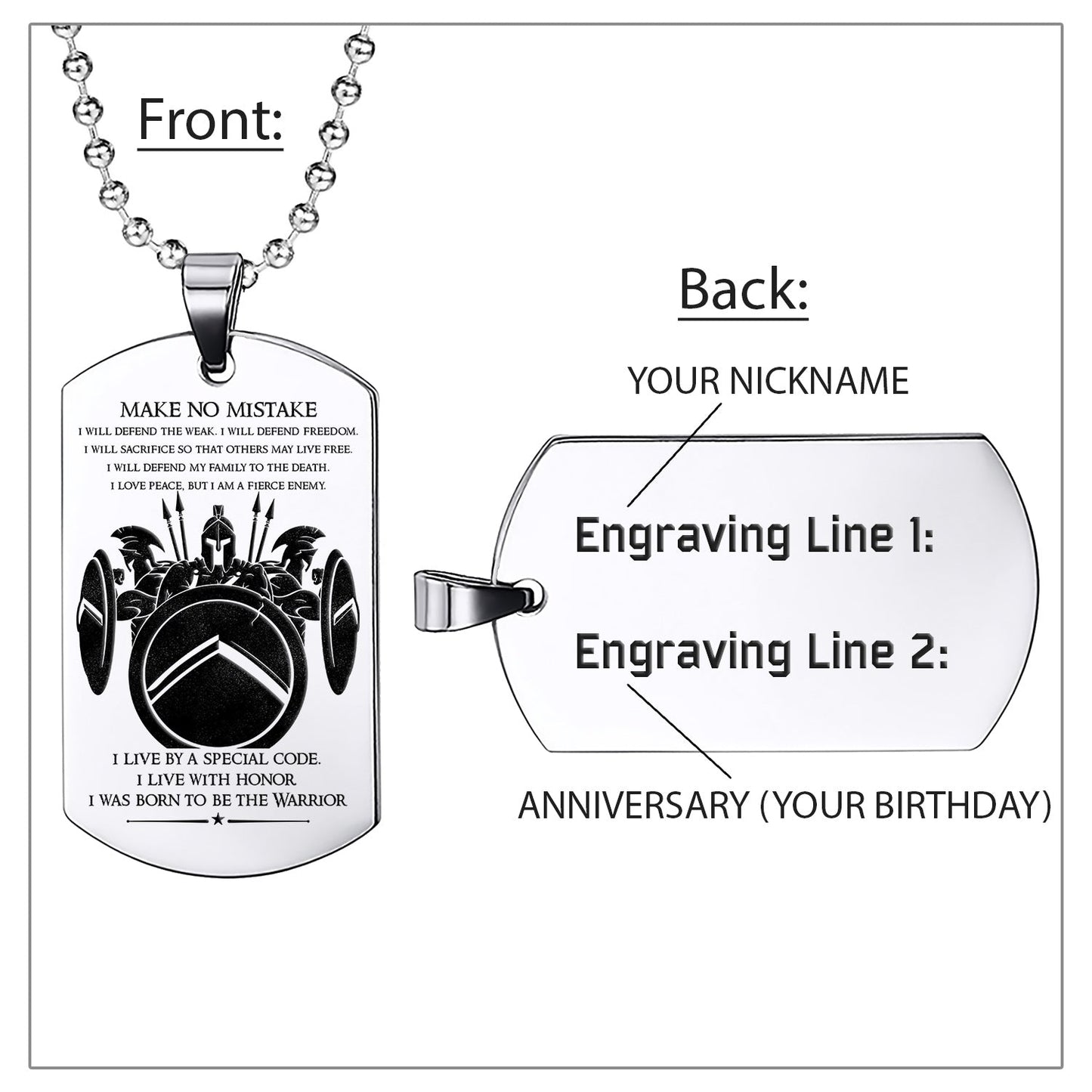 WAD015 - Make No Mistake - Warrior Dog Tag - Engrave Sliver Dog Tag