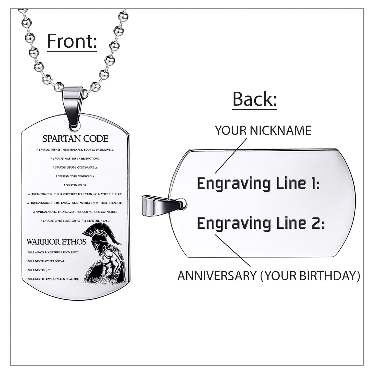 WAD021 - Spartan Code - English - Warrior Dog Tag - Engrave Sliver Dog Tag