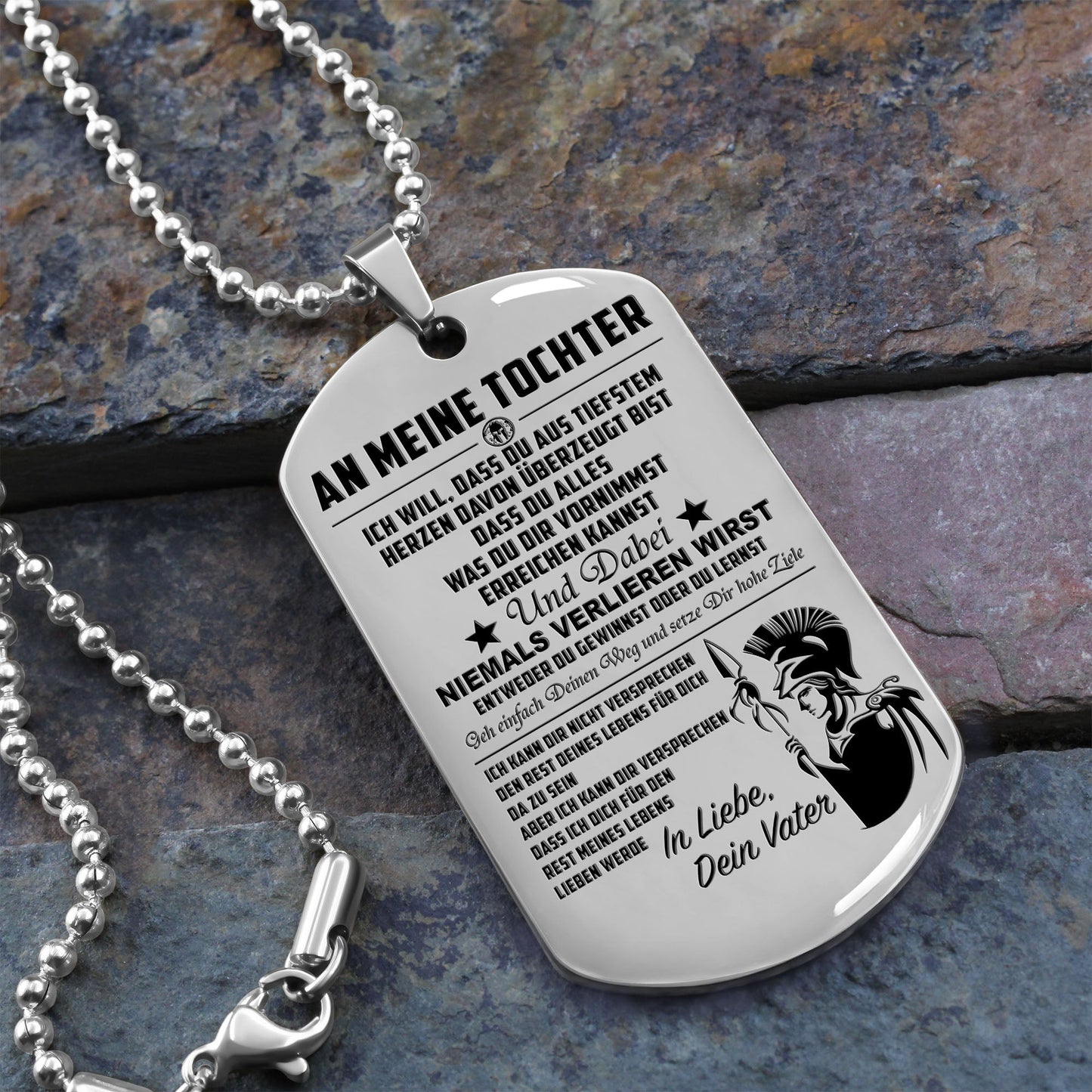 WAD023 - Mom To Daughter - Never Lose - German - Warrior Dog Tag - Engrave Sliver Dog Tag