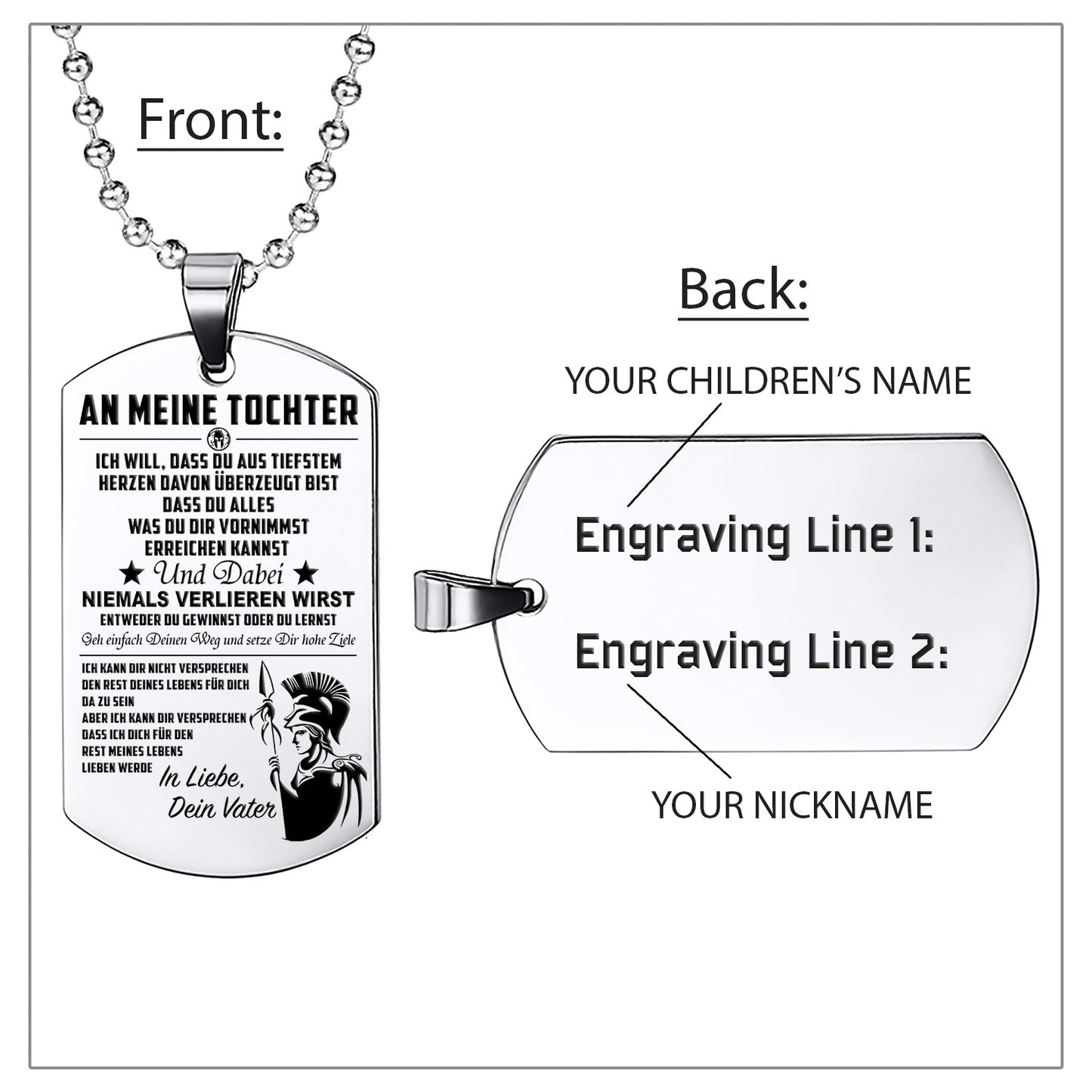 WAD023 - Mom To Daughter - Never Lose - German - Warrior Dog Tag - Engrave Sliver Dog Tag