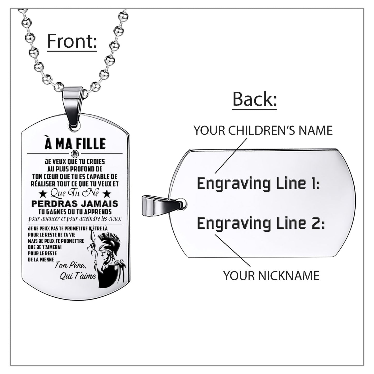 WAD024 - Mom To Daughter  - Never Lose - French - Warrior Dog Tag - Engrave Sliver Dog Tag