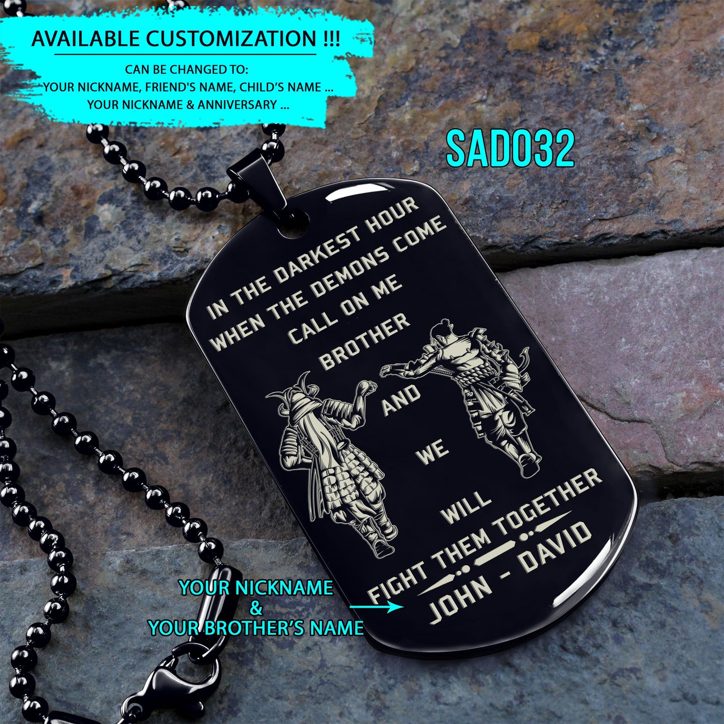 engrave - call on me brother - dragon ball dog tag - soldier dog tag - samurai dog tag - warrior dog tag