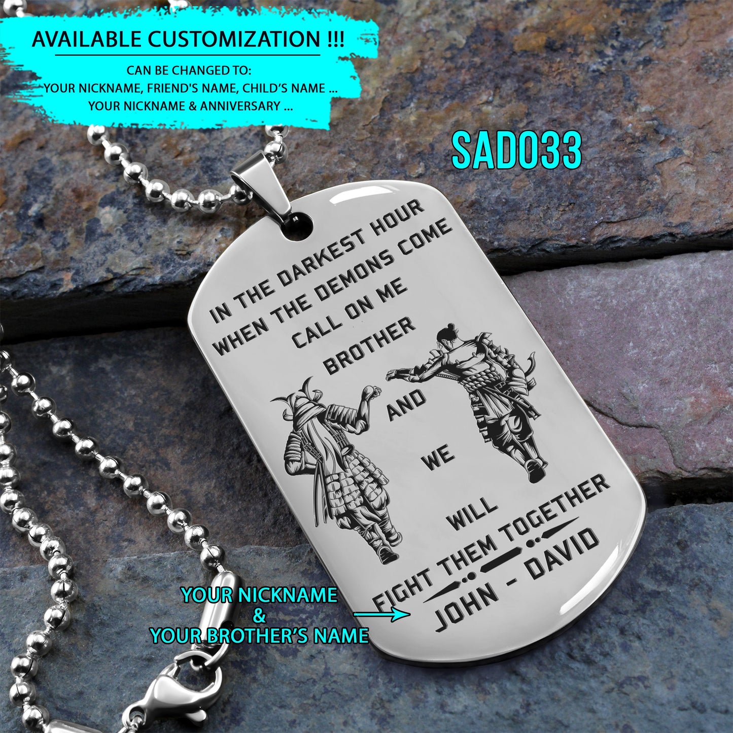 engrave - call on me brother - dragon ball dog tag - soldier dog tag - samurai dog tag - warrior dog tag