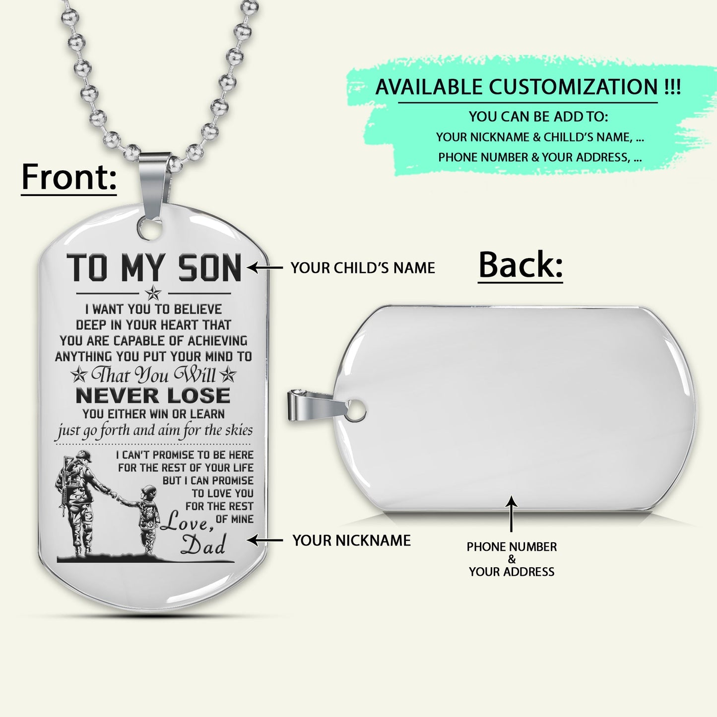 SDD016 - Dad To Son - Never Lose - English - Soldier Dog Tag - Engrave Silver Dog Tag