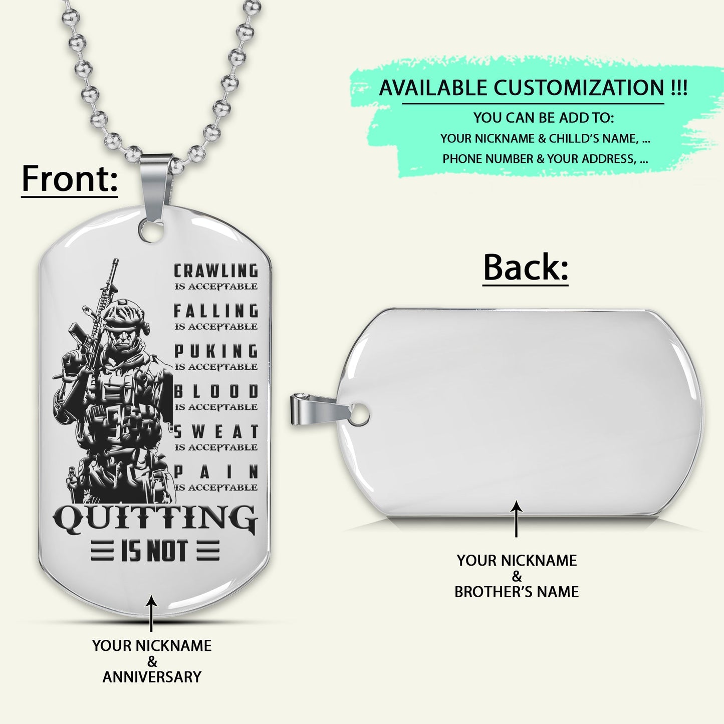 SDD019 - Quitting Is Not - Soldier Dog Tag - Engrave Silver Dog Tag