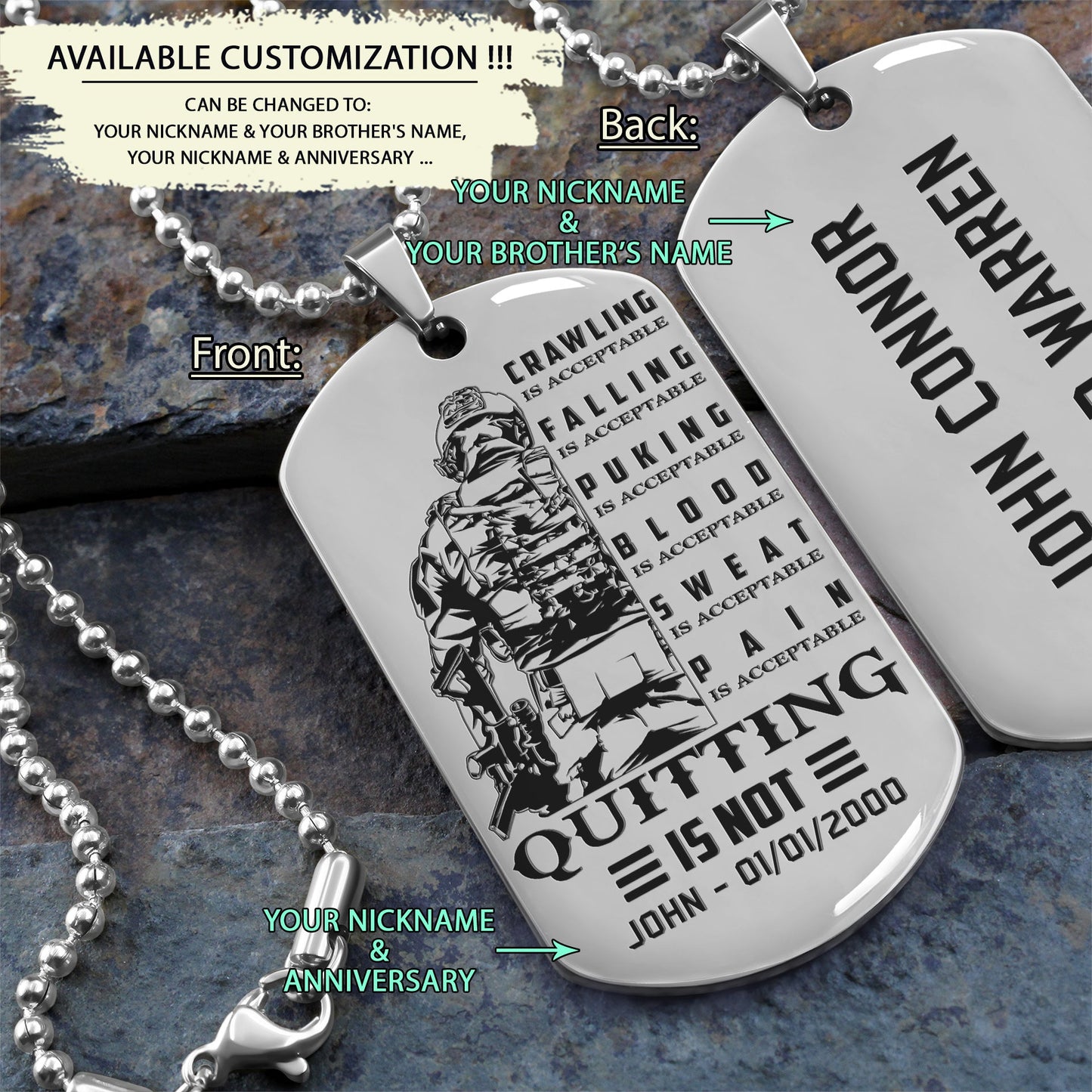 SDD023 - Quitting Is Not - Soldier Dog Tag - Engrave Silver Dog Tag